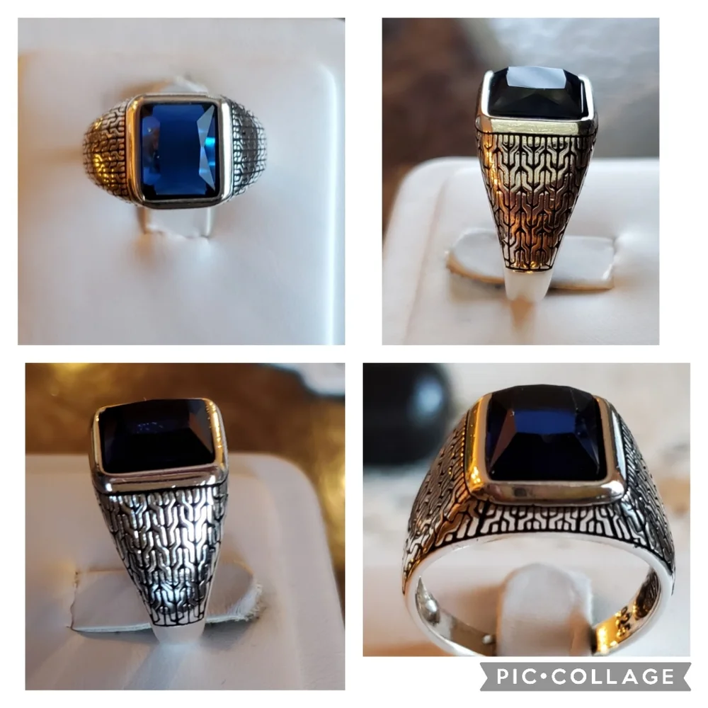 Genuine 4ct Multi-faceted Blue Sapphire Ring Size 10 - Picture 3 of 8
